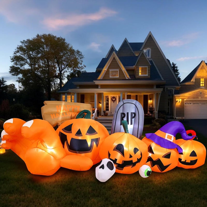 Garma 9.2 Ft Halloween Inflatables Outdoor Decorations, Long Inflatable Blow Ups Yard Decoration Pumpkin with Build-in LEDs, Gravestone and Witch Hat for Halloween Party Indoor, Lawn, Garden Decor - Image 1